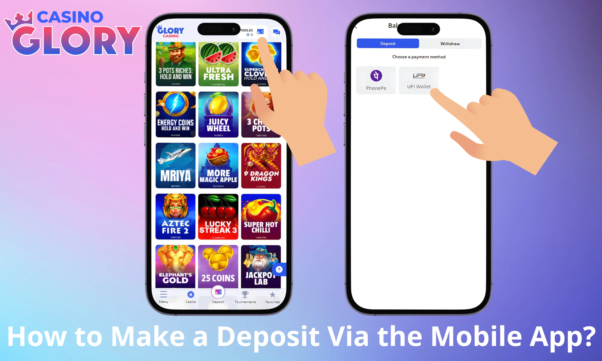 A visual guide on how to make a deposit in the Glory Casino app