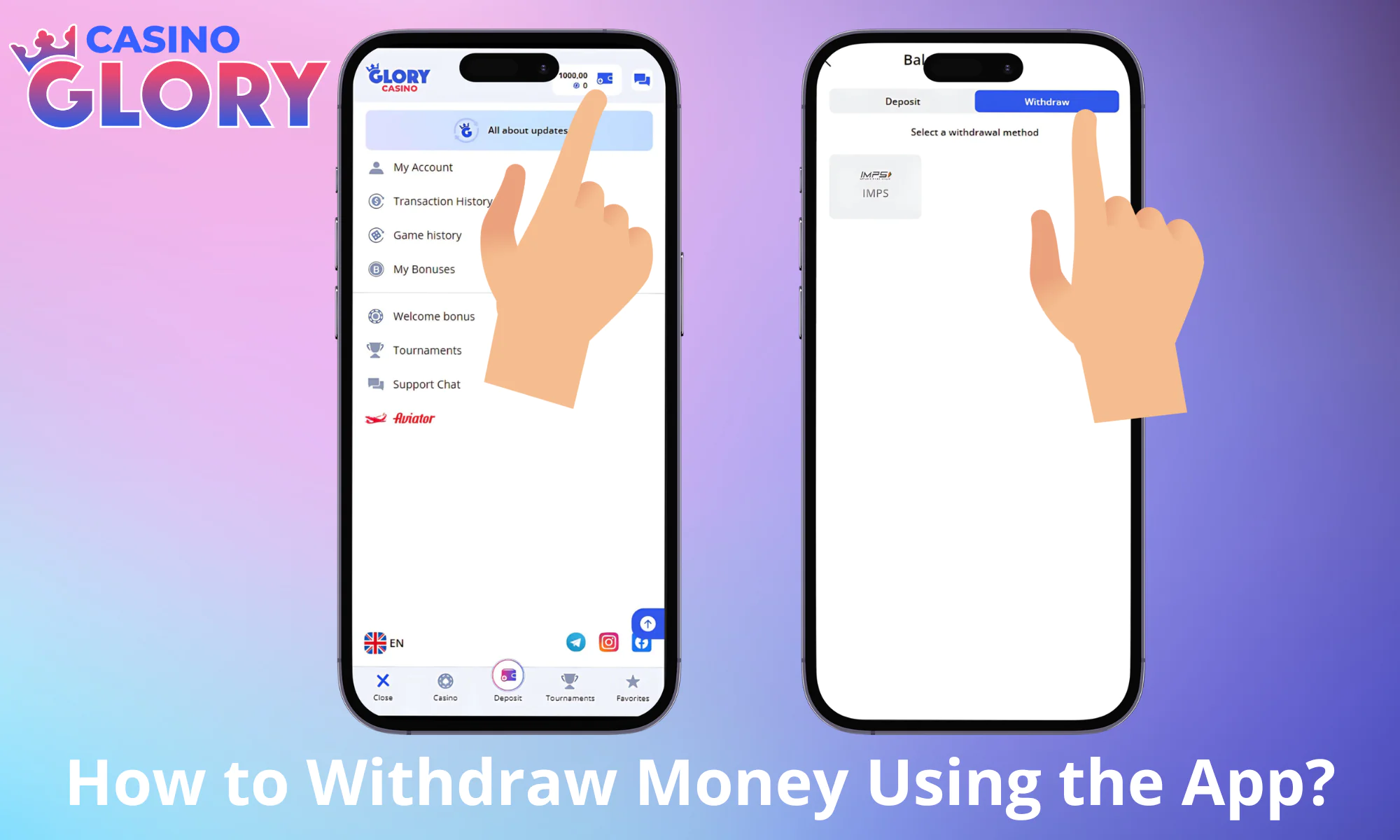 A visual guide on how to withdraw from the Glory Casino app