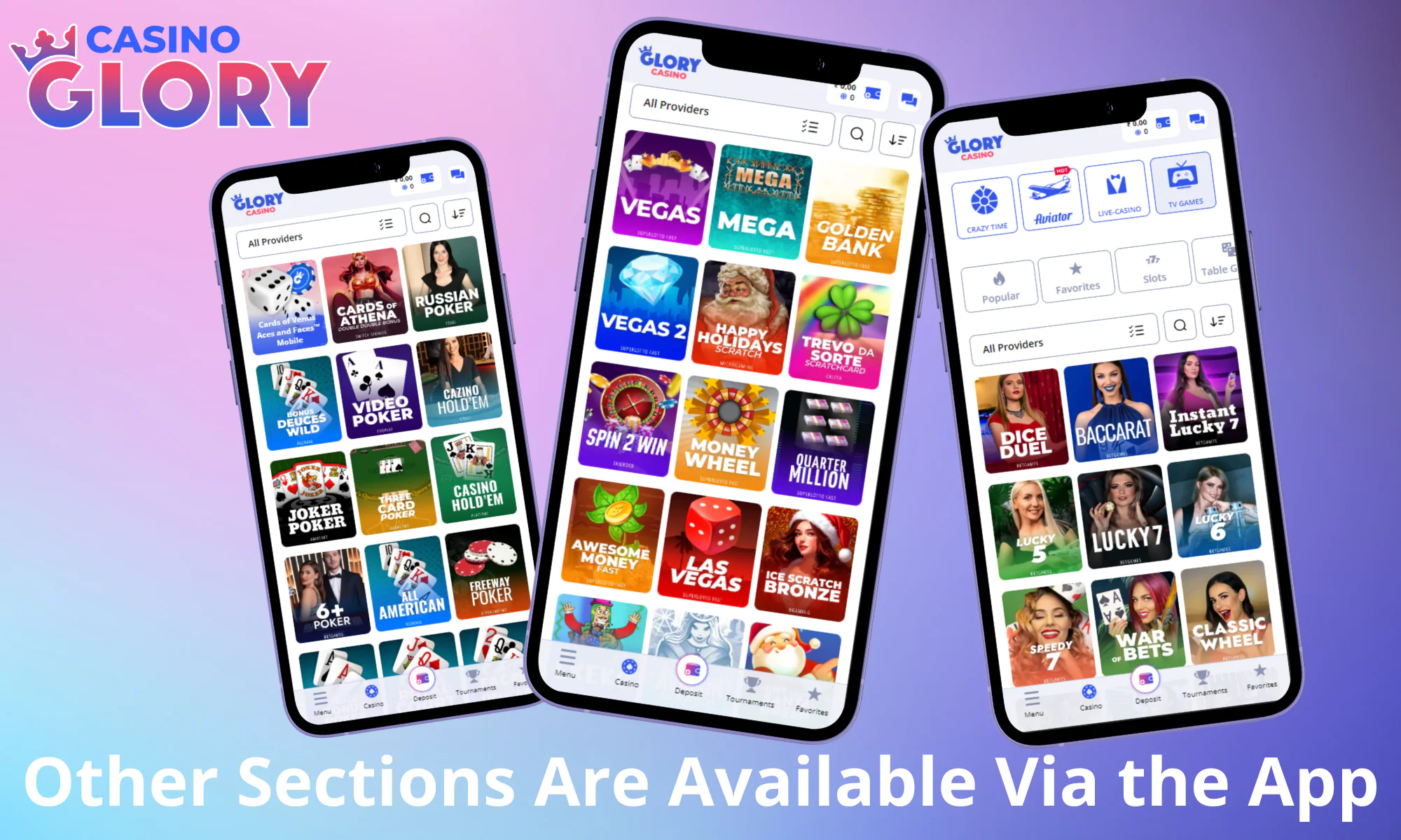 A collage of different game categories available in the Glory Casino app